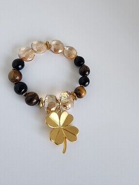 Tiger Eye & Black Onyx Beaded Bracelet Gold Clover Charm Stretch Bracelet